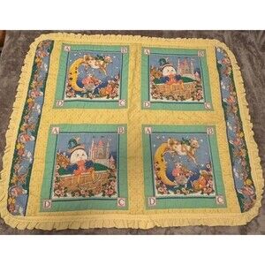 VTG Mother Goose Handmade Baby Quilt Nursery Rhymes Ruffles Moon/Stars
